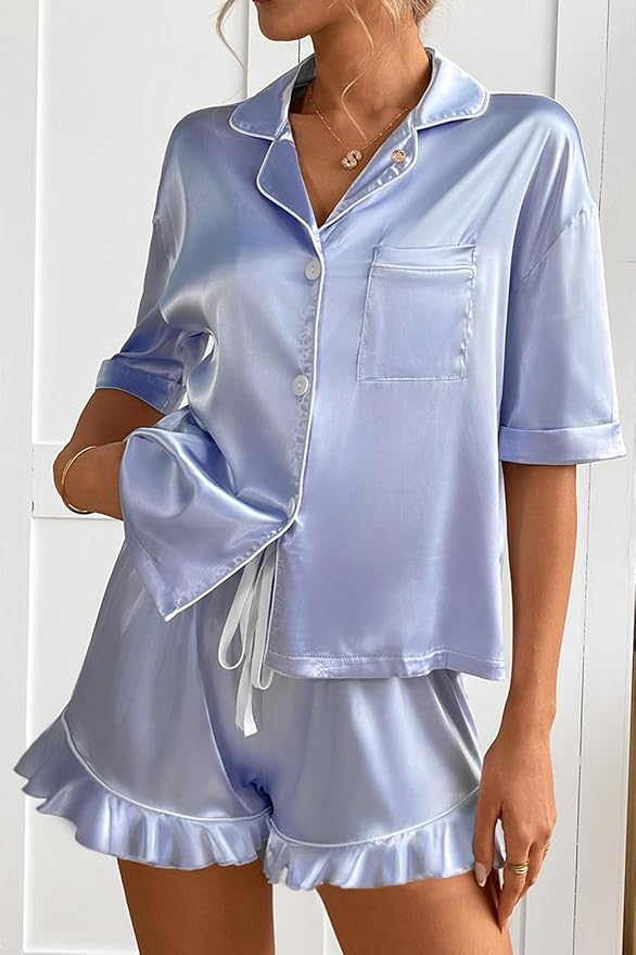 CHYRII Women's Silk Satin Pajamas Two Piece Pj Sets Short Sleeve Tops Ruffled Shorts Sleepwear with Magnetic Diffuser