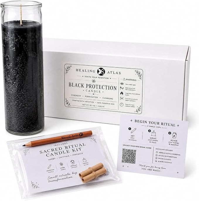 Black Protection Manifestation Candle Kit – 8" Ritual Prayer Candle with Intention Scrolls, Pencil & QR Guide for Protection, Energy Cleansing & Spiritual Defense