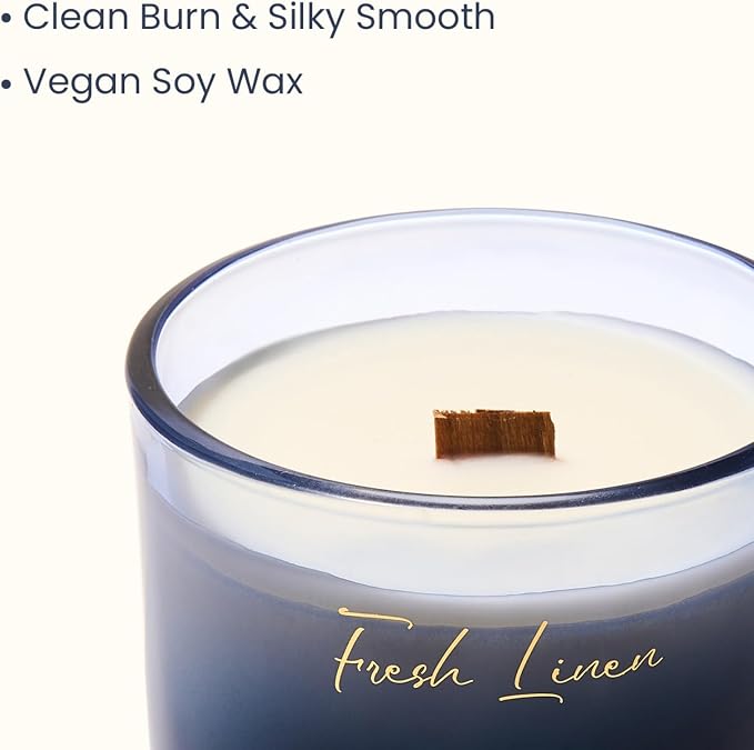 M&SENSE 9.9oz Natural Soy Wax Jar Candle with Wooden Wick | Fresh Linen Scent | 55-Hour Burn & Long-Lasting Burn | Housewarming Gift for Men and Women