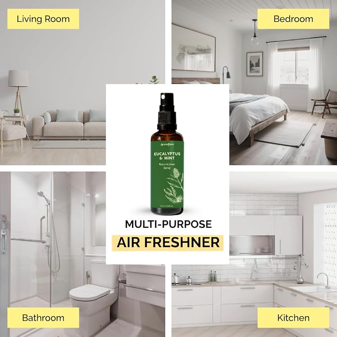 Eucalyptus & Mint Room, Linen & Pillow Spray by Aromafume | 100ml/3.38fl oz | with Pure Eucalyptus & Mint Essential Oil | Aromatherapy | Mist for Bedding, Fabrics