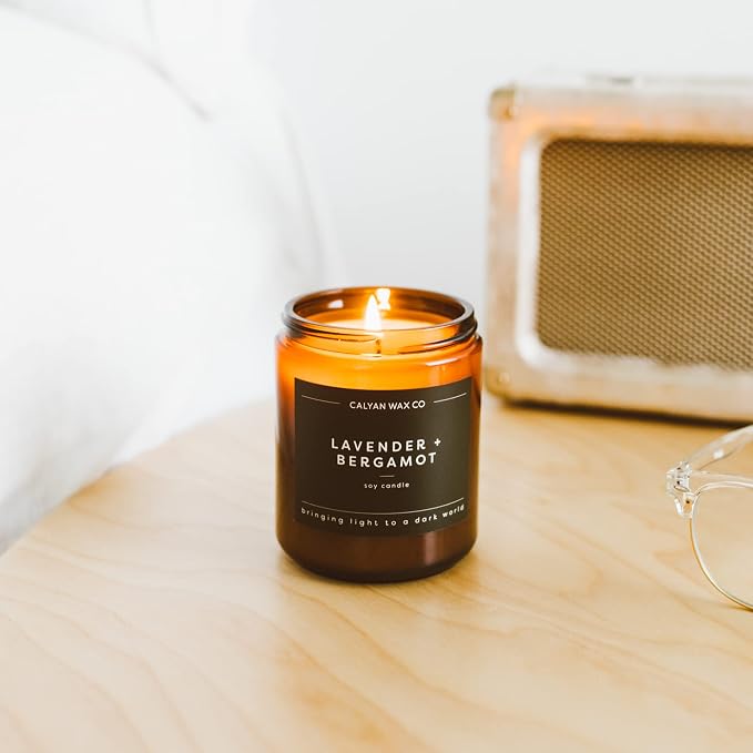 Calyan Wax Co. Lavender & Bergamot Scented Candle - 57 Hour Burn - Luxury Clean Soy Wax Candles - Long Lasting Amber Glass Jar Candle for Home - 7.2oz