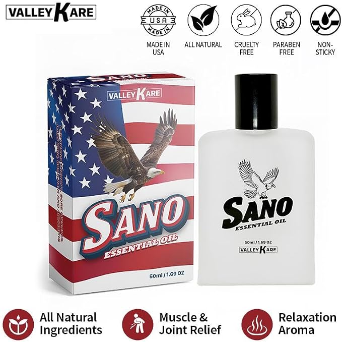 Sano Essential Oil - All Natural Oil for Muscle Soreness Joint Discomfort Relief, Tension Headache and Migraine, Stress Relief, Calming and Relaxing Sensation - 1.69 fl oz