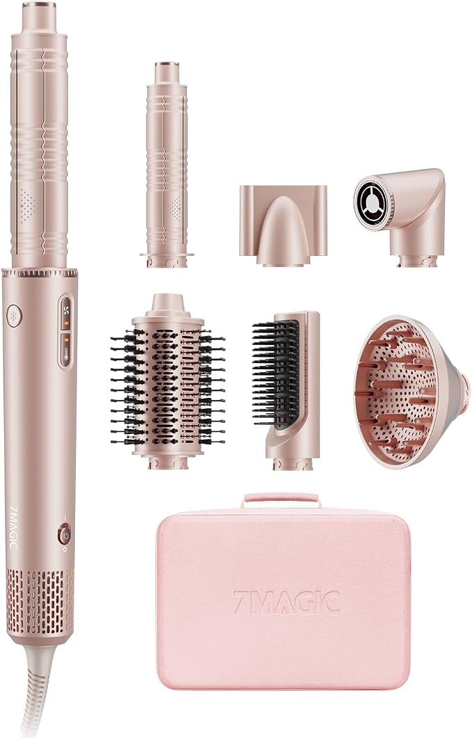 7MAGIC 7-in-1 Hot Air Styler, Hair Styler Dryer Brush with Auto-Wrap Curlers, High-Speed Hair Dryer for Fast Drying, Volumizing & Straightening, Travel Case Included, Pink