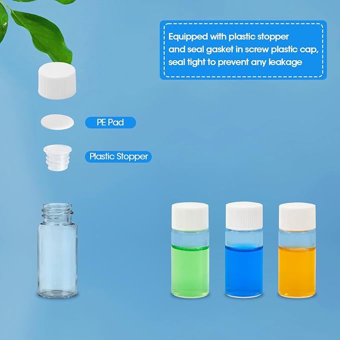 10ml Clear Glass Vials with Screw Caps and Plastic Stoppers, Small Liquid Sample Vial, Leak-Proof Vial, 12PCS(White Cap)