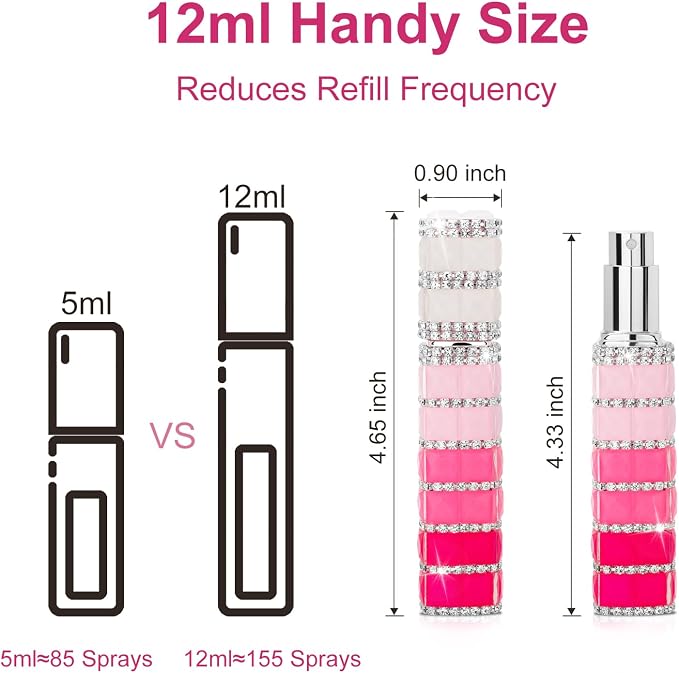 Travel Perfume Atomizer Refillable Bottle, 12ml Rhinestone Mini Perfume Bottles Empty Refillable Travel Atomizer Sprayer with Funnel (Pink White)