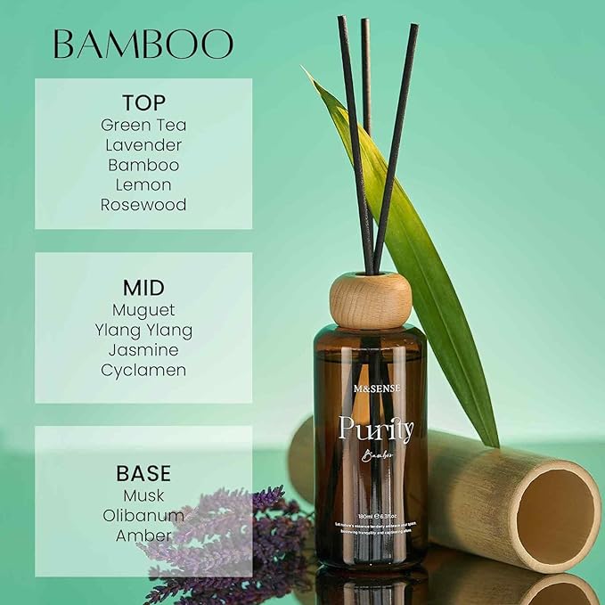 M&SENSE Reed Diffuser Set, Bamboo Scented 6.3 fl oz Natural Essential Oil Diffusers with Sticks, Non-Toxic Organic Air Freshener, Long-Lasting Fragrance Oils for Home Office Bathroom Bedroom