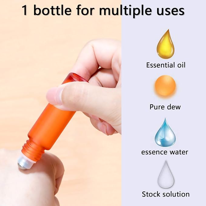 Kesell Glass Roll on Bottle, 10ml Refillable Essential Oil Roller Bottle with Stianless Steel Ball, Pack of 10 (Orange)
