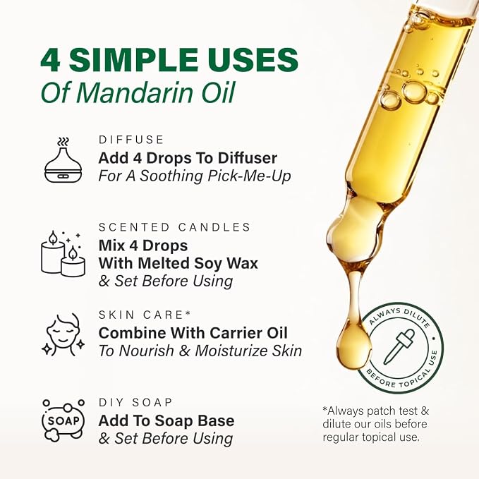 100% Pure Mandarin Oil - 4 Fl Oz Mandarin Essential Oil for Hair, Skin, Diffuser, Aromatherapy & DIY Soap Making Scent