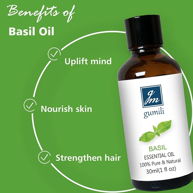 GM Gumili Basil Essential Oil 1 Oz – 100% Pure Natural Basil Oil for Diffuser, Skin, Massage & DIY, Fresh Herbaceous Aroma