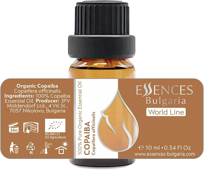 Essences Bulgaria Organic Copaiba Essential Oil 0.34 Fl Oz 10ml Copaifera officinalis - 100% Pure Natural Undiluted Therapeutic Grade Aromatherapy for Diffuser Humidifier Massage Skin Care Hair Oil