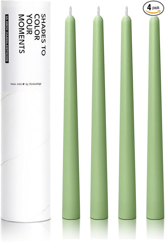 10" Classic Taper Candles, Spring Green, 4-Pack, 7-8 Hours Long Burning, Unscented Tall Candlesticks