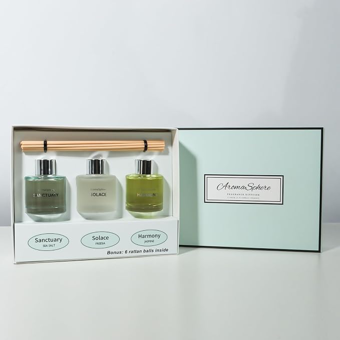 Reed Diffuser Set of 3 | Aromatherapy Fragrance Oil | 12 Sticks and 6 Rattan Balls, 3 x 50ML (Sea Salt, Freesia, Jasmine, Mint Green Edition)