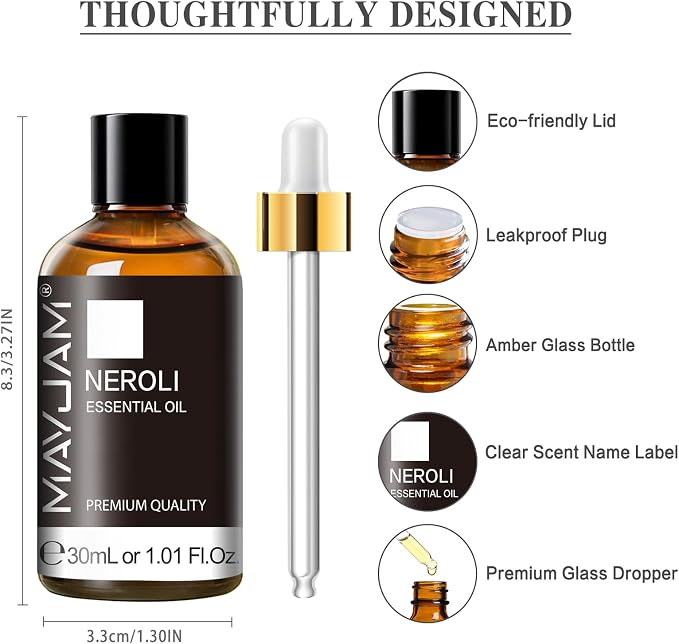 Neroli Essential Oil 30ML/ 1.01FL.OZ, MAYJAM Pure Neroli Oil for Massage, Diffuser, Soap Making, Long Lasting Scents