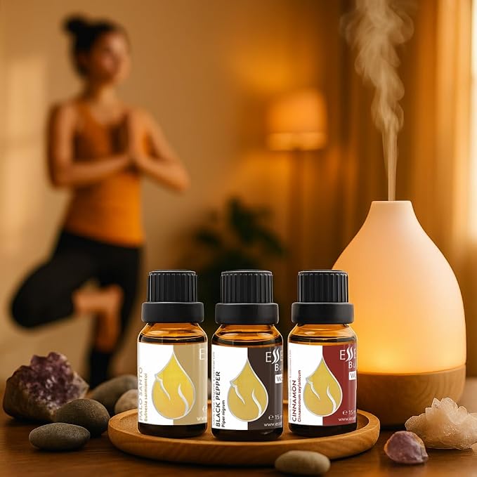 Set Inner Balance Organic Essential Oils |1.18 Fl Oz | Cinnamon (15ml) + Black Pepper (15ml)+ Palo Santo (5ml) | 100% Pure and Natural | Undiluted | Therapeutic Grade | Non-GMO | 3 pcs
