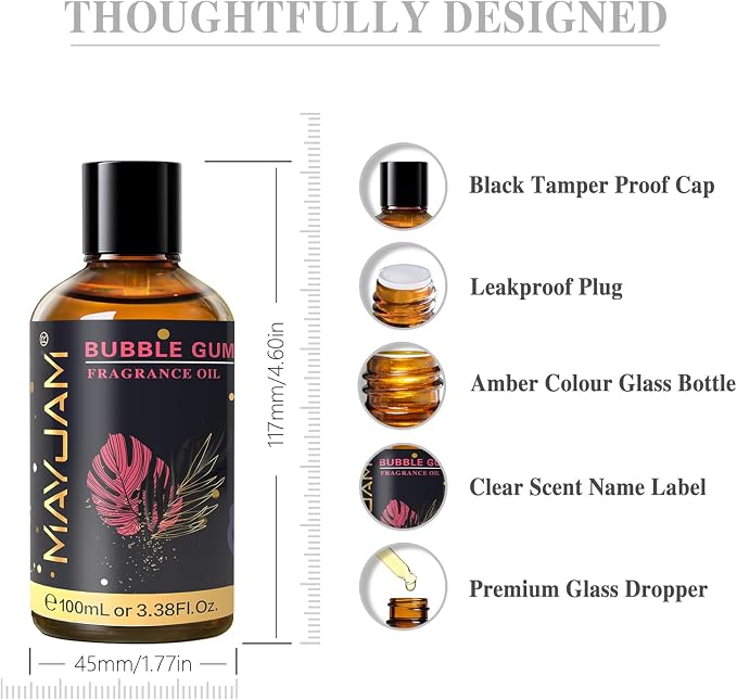 MAYJAM 100ML/3.38FL.OZ Bubble Gum Fragrance Oils with Glass Dropper, Essential Oils for Diffusers for Home, Long Lasting Scented Oils for Diffusers Soap Candle Making