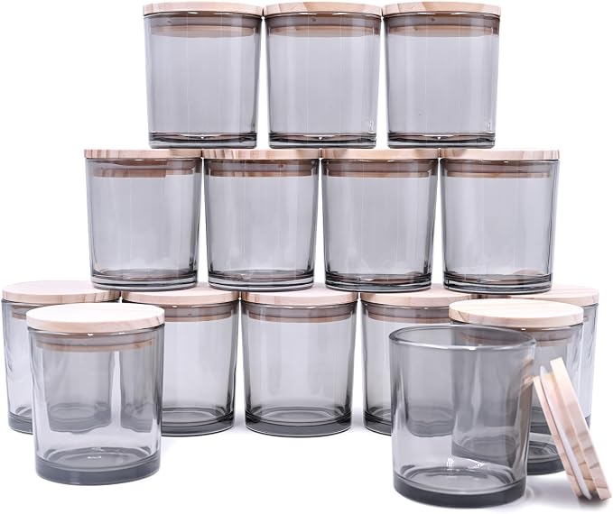 SHOWIN 8 OZ Thick Candle Jars for Making Candles 15 Pcs, Gray Empty Jars with Wood Lids for Candle Making, Sample Container,Clear Gray