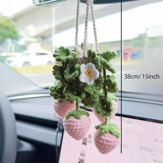 Crochet Car Air Freshener Hanging, Cute Hanging Plant for Cars, Crochet Strawberry Plant with 10ml Empty Refillable Oil Diffuser Bottle, Handmade Boho Car Ornament Charms for Rear View Mirror, Pink