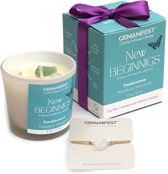 New Beginnings Manifestation Candle Gifts for Women and Men Frankincense Crystal Candle with Moonstone Bracelet New Year Christmas House Warming Wedding Gifts