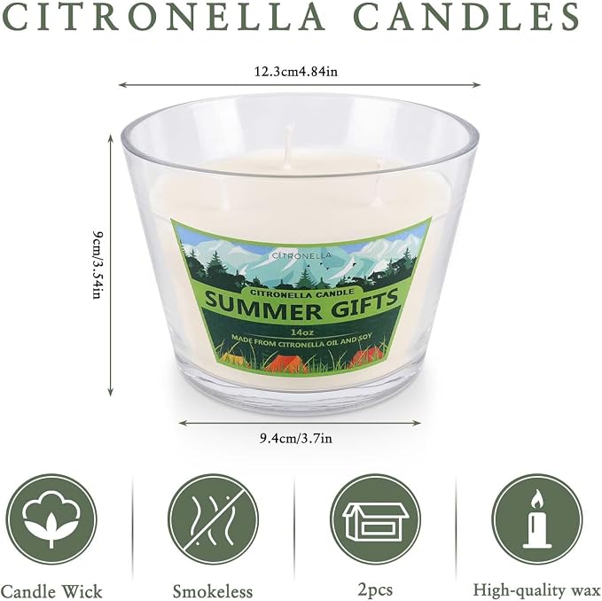 2x14oz Large 3-Wick Outdoor Indoor Citronella Candles,Natural Soy Wax Candles in Glass Jar,Bulk for Garden Yard Home Balcony Camping Backyard,Summer Candle Bulk for Home, Long Burning