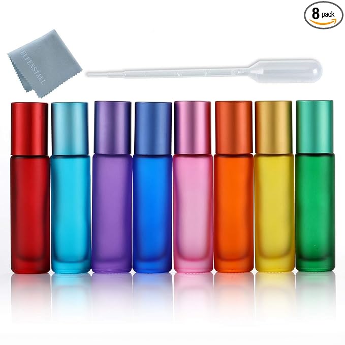 8Pcs 10ml 1/3oz High-grade Colorful Frosted Roll on Bottles Thick Glass Massage Roller Bottles Tube Vials Containers for Essential Oils Aromatherapy Perfumes Lip Balms 1pc 3ml Dropper