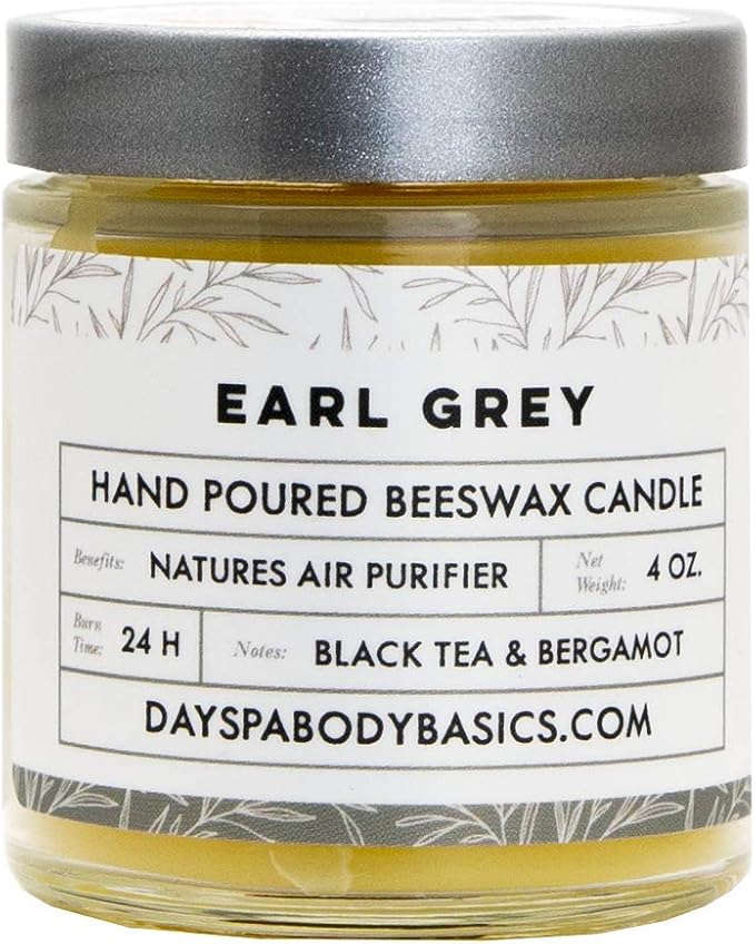 Earl Grey Hand-Poured Beeswax Candle - Natural, Cotton Braided Wick, Smokeless, Cleans Air, Non-Toxic, Non-Polluting, Non-Allergenic, Handmade in USA