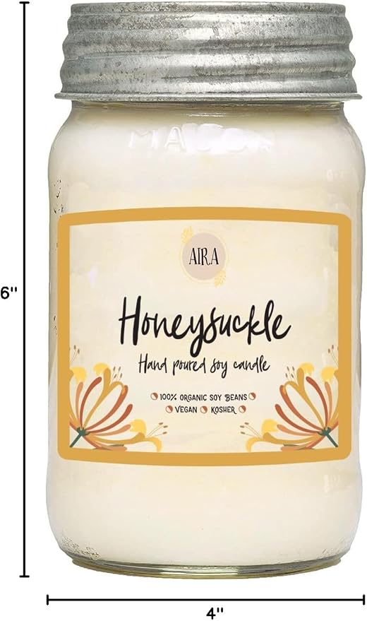 Aira Soy Candles - Organic, Kosher, Vegan Soy Candles w/Therapeutic Grade Essential Oil - Hand-poured w/Pure Soy Candle Wax - Paraffin Free, Burns 110+ Hours - Spring Candle Honeysuckle - 16 Ounces
