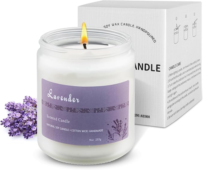100% Natural Lavender Soy Wax Candle with Essential Oils, Relaxation & Sleep Aid, Eco-Friendly Cotton Wick, 50+ Hours Burn Time, Reusable Glass Jar (Lavender)