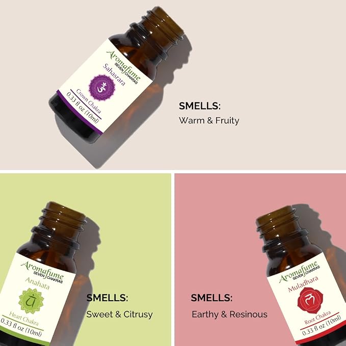 Crown Chakra, Heart Chakra, Root Chakra Essential Oil Diffuser Blends by Aromafume | 3 x 10ml/0.33 fl oz| Aromatherapy Oils for Chakra Balance | Chakra Incense for Meditation, Yoga, Reiki