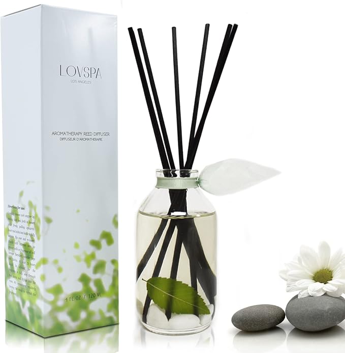 Zen White Tea & Ginger Reed Diffuser Set, Bathroom Decor, Room Scent | White tea, ginger, and citrus profile, kitchen shelf, decorative glass bottle, home aroma, entryway, powder room, living room
