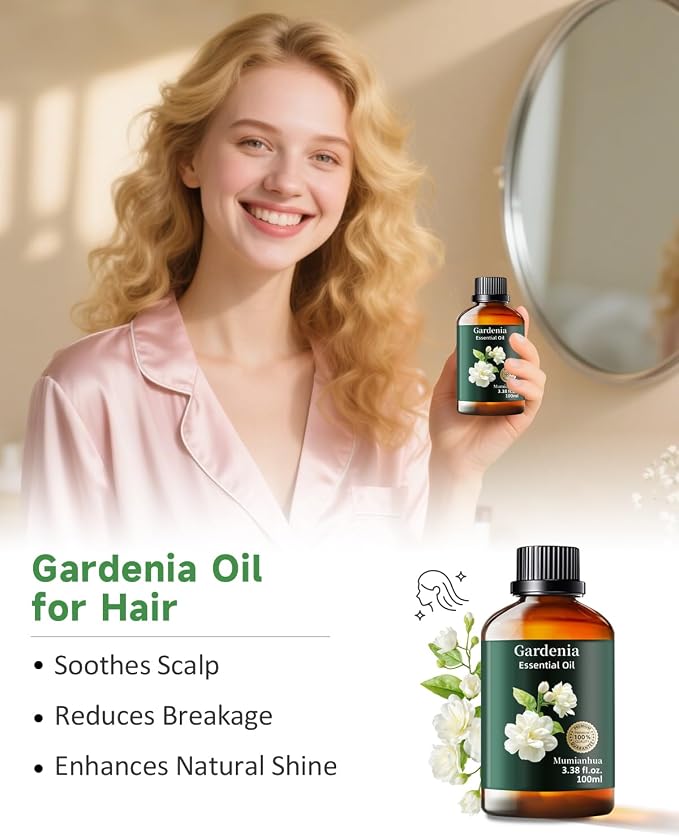 Gardenia Essential Oil, Pure Mumianhua Natural Floral Oil for Luxurious Diffuser & Evening Serenity, Romantic Aroma for Skin, Hair, DIY Perfume, Candle & Soap Making – 3.38 Fl Oz