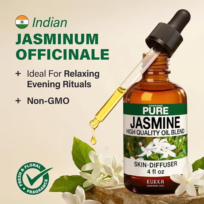 100% Pure Jasmine Oil - 4 Fl Oz Jasmine Essential Oil for Hair, Skin, Diffuser, Aromatherapy & DIY Soap Making Scent