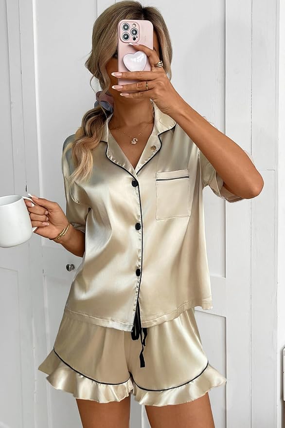 CHYRII Women's Silk Satin Pajamas Two Piece Pj Sets Short Sleeve Tops Ruffled Shorts Sleepwear with Magnetic Diffuser