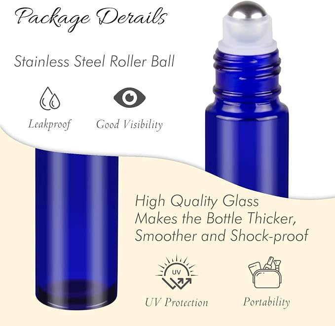 10ML Essential Oil Roller Bottles, 4 Pack Brown and Blue Oil Roller Bottles for Essential Oils, Roll on Bottle with Stainless Steel Balls(4 Labels, Opener, Funnel, Dropper Included)