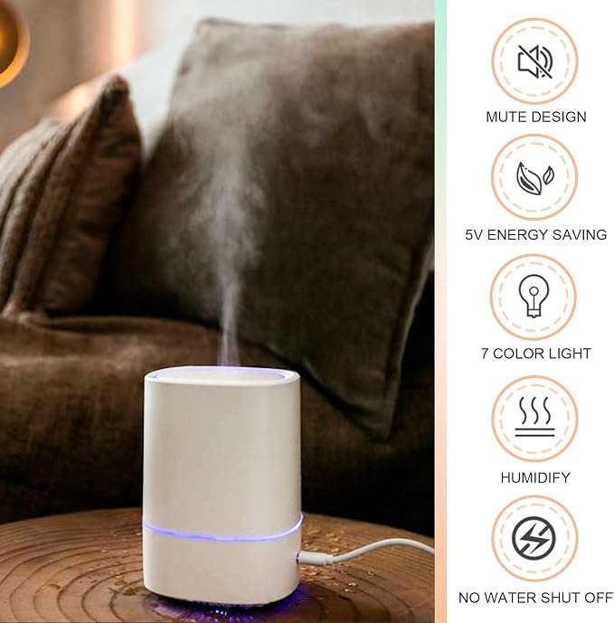 Essential Oil Diffusers for Home with USB Cord, 150ml Aroma Humidifier for Office, Water Shortage Protection, 7 Color LED Lights White Scent Mist Dorm Room Essentials Aromatherapy Ultrasonic