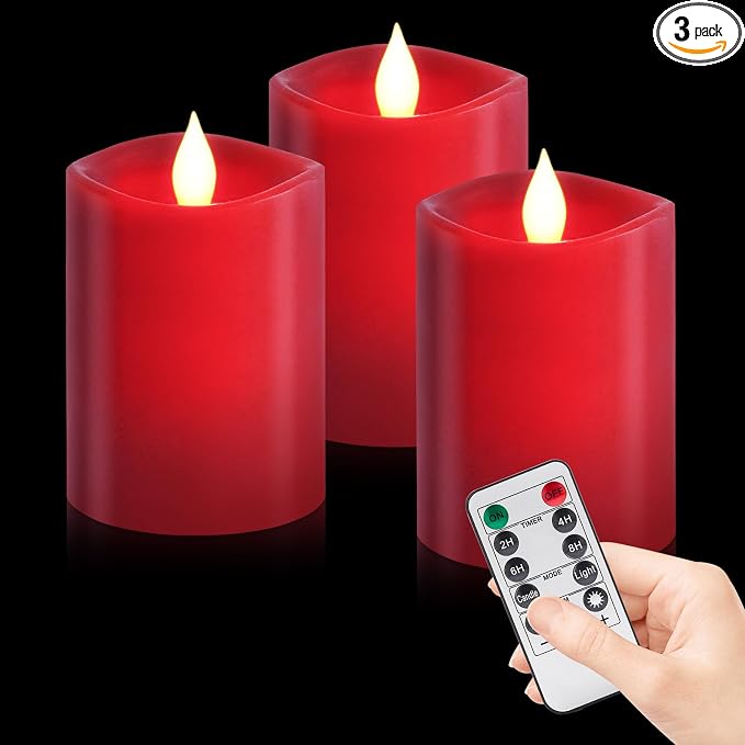 3-Pack 3x4 inch Flameless Candles: Realistic Flameless LED, Battery-Powered Pillar Candles with Remote & Timer, Fake Candles for Fall Decor, (Red, 3"*4"-3pcs)