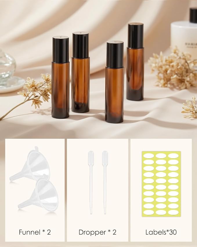 Worldgsb 12 Pack Essential Oil Roller Bottles, 10ml Refillable Amber Glass Roller Bottles with Stainless Steel Roller Balls and Caps for Travel, Perfume and Lip Gloss