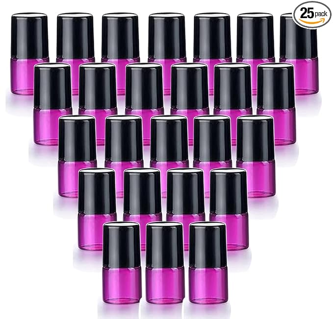 25 Pack 1ml (1/4 Dram) Colorful Glass Roll On Glass Bottles for Essential Oils,Empty Glass Vial with Stainless Steel Roller Balls Perfume Aromatherapy Travel Roll On Container-5 Color Options (Red)