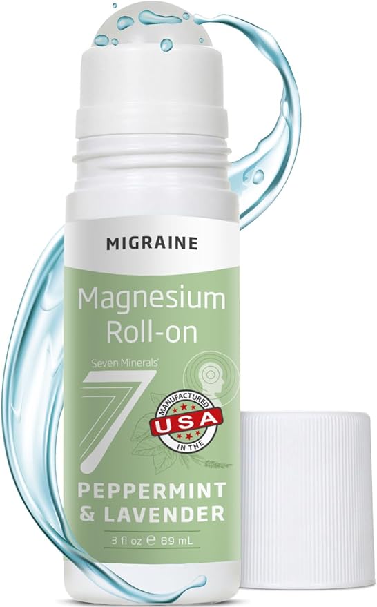 Seven Minerals Migraine Roll On Stick with Magnesium, Peppermint & Lavender - Natural Tension Headache Relief with Real Magnesium, Not Just Oils, USA Made, 3 Fl Oz