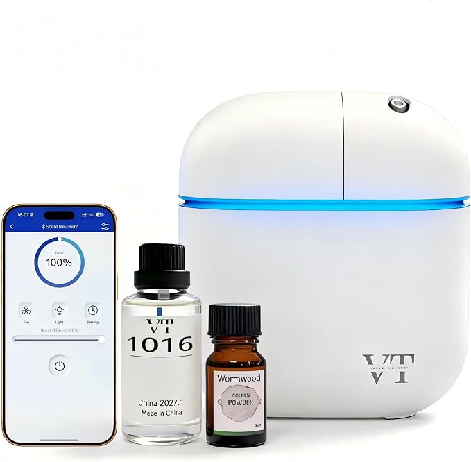 Waterless Essential Oil Diffuser 3000 Sq.Ft,Home Hotel Office Use,Cold Air Scent Machine,(Scent Kit 2*Fragrances Included) Bluetooth App Control,LED Light,Wall-Mounted Aroma Diffuser