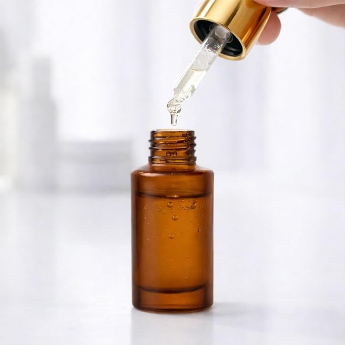 4Packs 30ml/1Oz Amber Glass Pump Dropper Bottles Refillable Skincare Serum Containers with Gold Press Pump Glass DropperPump For Essential Oils, Face Serum, Cosmetics, DIY Beauty, Travel
