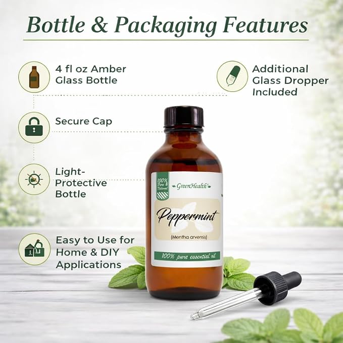 GreenHealth Peppermint Essential Oil 4 fl oz - 100% Pure Essential Oil - Amber Glass Bottle w/Glass Dropper - Fresh Mint Aroma for Diffusers, Candles, Soap Making, DIY Use