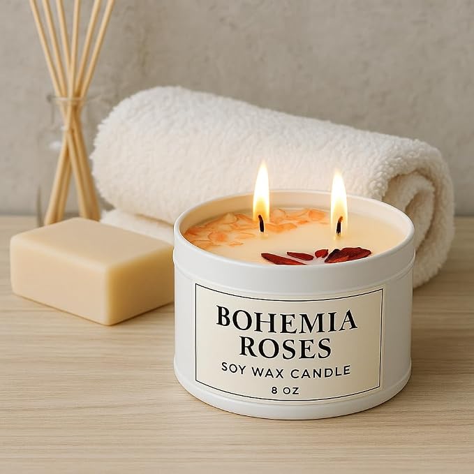 Bohemia Roses Soy Candle – 8 oz Luxury Floral Scented Candle – Romantic Rose Fragrance for Bedroom & Home Décor – Clean Burning Dual Wick – Aqua MARR