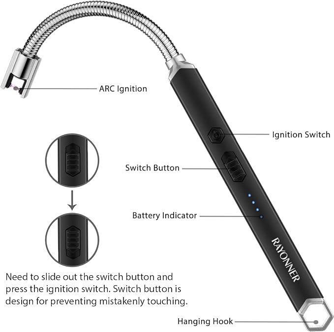 Rayonner USB Rechargeable Electric Candle Lighter Windproof Plasma Arc Lighter with Flexible Neck for Deep Jars, BBQ, Camping Flameless Fire Starter Christmas Stocking Stuffers Gift (Black&Black)
