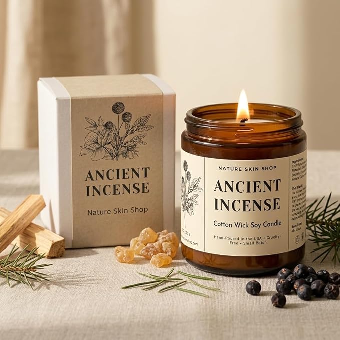Nature Skin Shop Ancient Incense Artisan Soy Candle Frankincense and Myrrh Aromatherapy Home Fragrance Vegan Cotton Wick 8 oz