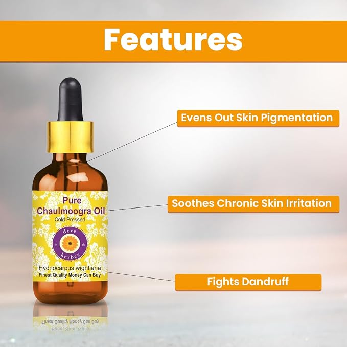 Deve Herbes Chaulmoogra Oil (Hydnocarpus wightiana) with Glass Dropper | Cold Pressed | Pure | Natural | for Diluting Essential Oils | Skin & Massage | Non-Sticky | Lightweight | Unisex | 30ml (1 oz)