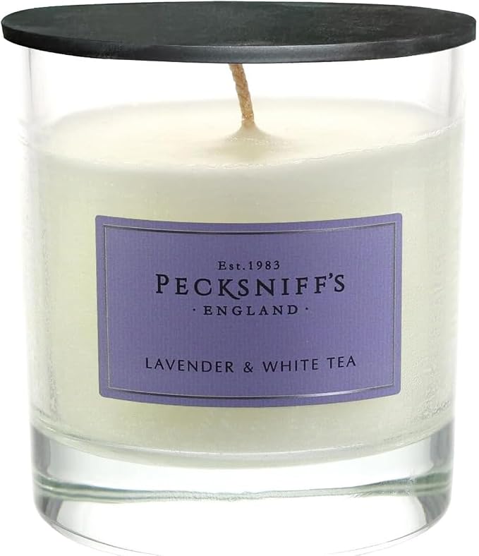 Pecksniffs Lavender & White Tea Scented Candle | Elegant Glass Vessel | Scented Candles for Home | 1 Wick, 184g/6.49oz