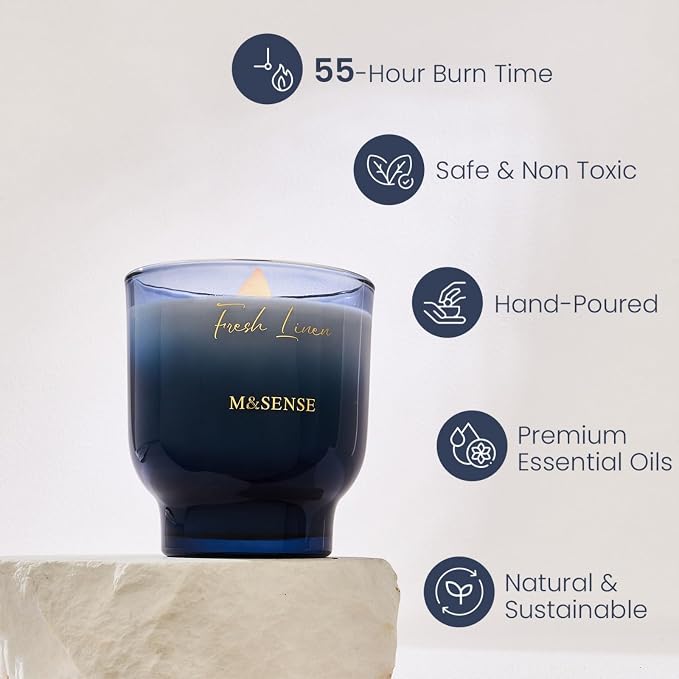 M&SENSE 9.9oz Natural Soy Wax Jar Candle with Wooden Wick | Fresh Linen Scent | 55-Hour Burn & Long-Lasting Burn | Housewarming Gift for Men and Women