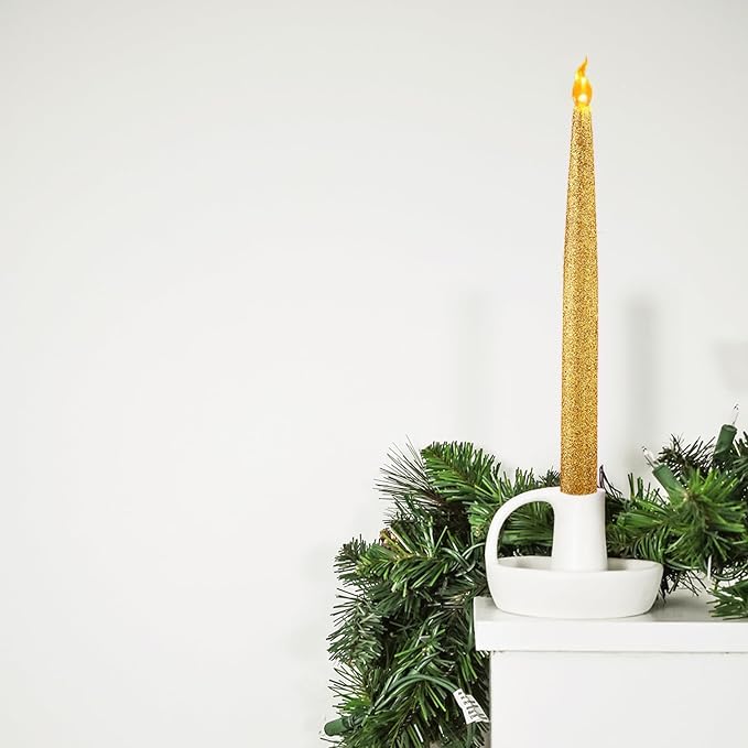FURORA LIGHTING Flameless Gold Glitter Taper Candles, Amber Flicker, 6/18 Timer, Battery Operated — Ideal for Home décor and Holiday displays.