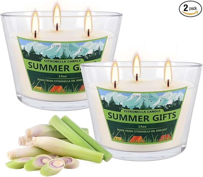 2x14oz Large 3-Wick Outdoor Indoor Citronella Candles,Natural Soy Wax Candles in Glass Jar,Bulk for Garden Yard Home Balcony Camping Backyard,Summer Candle Bulk for Home, Long Burning