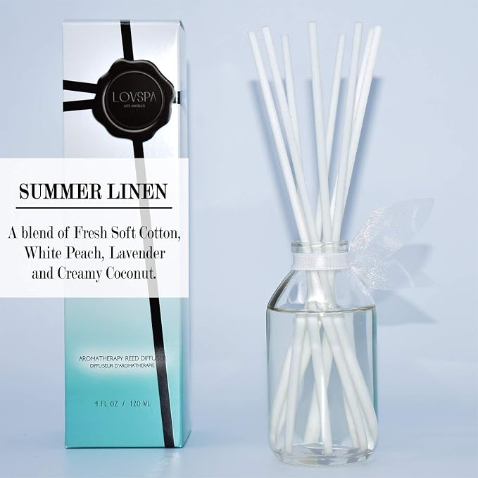 Summer Linen Diffuser Set, Guest Bathroom, Home Fragrance, Spa Scent | Fresh soft cotton, white peach, and clean lavender profile, decorative glass bottle, powder room, entryway, office shelf